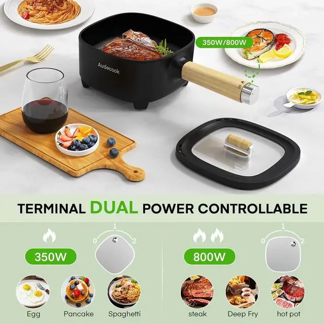 Alt view image 2 of 6 - Hot Pot Electric 2L, Cermic Glaze Non-Stick Frying Pan 8 Inch, Portable Travel Cooker for Ramen/Steak/Fried Rice/Oatmeal/Soup, with Dual Power Control (Silicone Spatula Included)