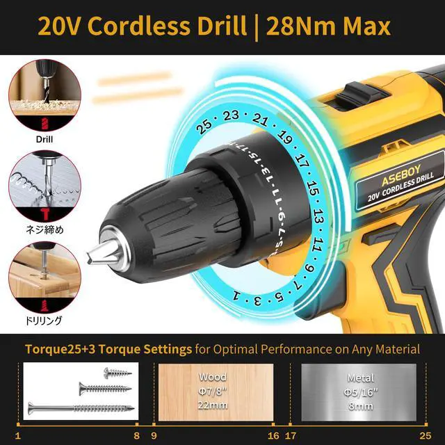 Alt view image 2 of 7 - Cordless Drill with Battery and Charger, 20V Electric Power Drill with 3/8" Keyless Chuck, 25+3 Torque Settings & Impact Mode for Drilling, Screwdriving, and Home Improvement(2 Batteries)