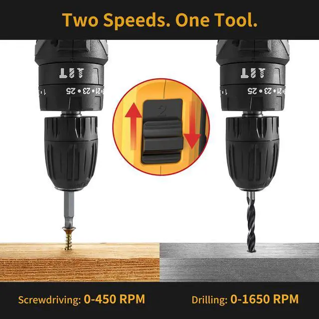 Alt view image 4 of 7 - Cordless Drill with Battery and Charger, 20V Electric Power Drill with 3/8" Keyless Chuck, 25+3 Torque Settings & Impact Mode for Drilling, Screwdriving, and Home Improvement(2 Batteries)