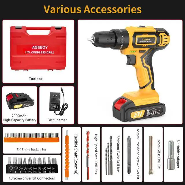 Alt view image 7 of 7 - Cordless Drill with Battery and Charger, 20V Electric Power Drill with 3/8" Keyless Chuck, 25+3 Torque Settings & Impact Mode for Drilling, Screwdriving, and Home Improvement(2 Batteries)