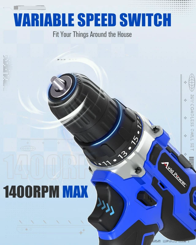 Alt view image 3 of 7 - 20V Cordless Drill Set with Battery & Charger for Home DIY-Blue 2 Speeds, 3/8" Keyless Chuck, 19 Positions, 22 Accessories, Drill Bits for Versatile Drilling Driving Tasks & Daily Repair