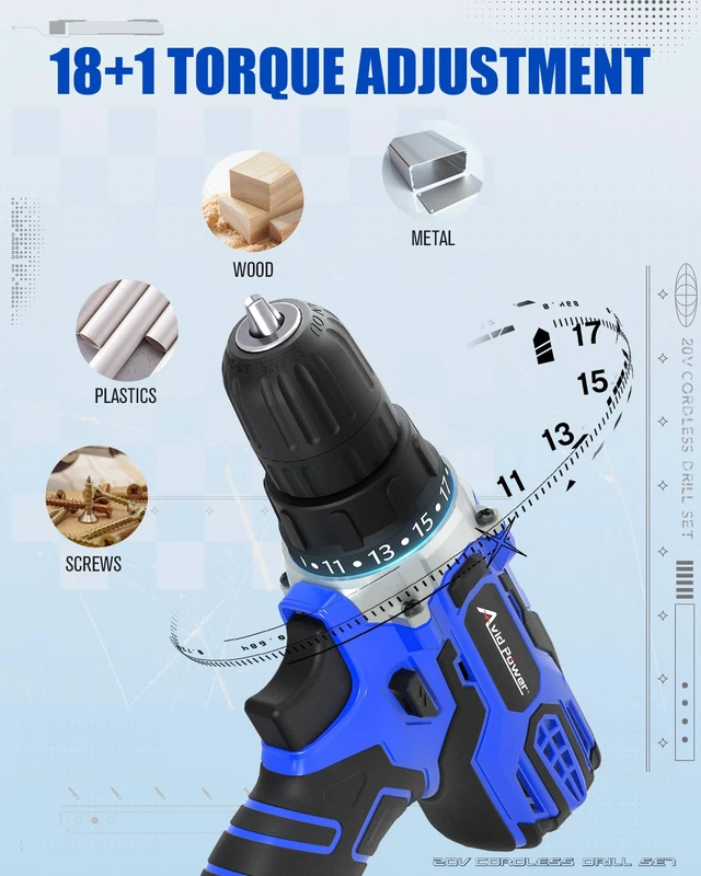 Alt view image 4 of 7 - 20V Cordless Drill Set with Battery & Charger for Home DIY-Blue 2 Speeds, 3/8" Keyless Chuck, 19 Positions, 22 Accessories, Drill Bits for Versatile Drilling Driving Tasks & Daily Repair