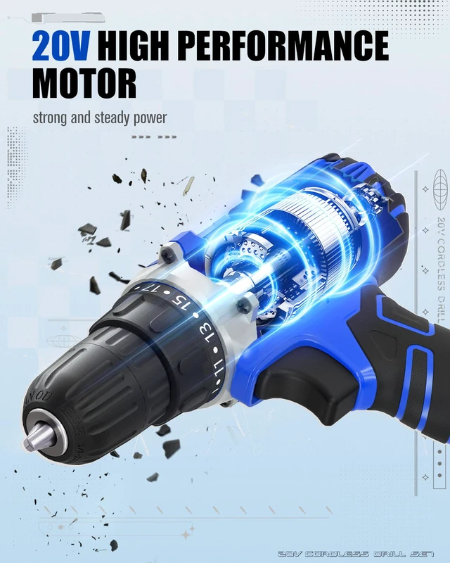 Alt view image 2 of 7 - 20V Cordless Drill Set with Battery & Charger for Home DIY-Blue 2 Speeds, 3/8" Keyless Chuck, 19 Positions, 22 Accessories, Drill Bits for Versatile Drilling Driving Tasks & Daily Repair