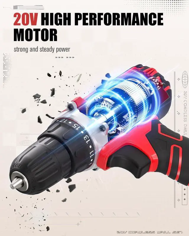 Alt view image 2 of 7 - 20V MAX Power Drill Kit, Cordless Drill Set with Battery and Charger, 2 Variable Speed, 3/8-Inch Keyless Chuck, 19 Position and 22pcs Bits