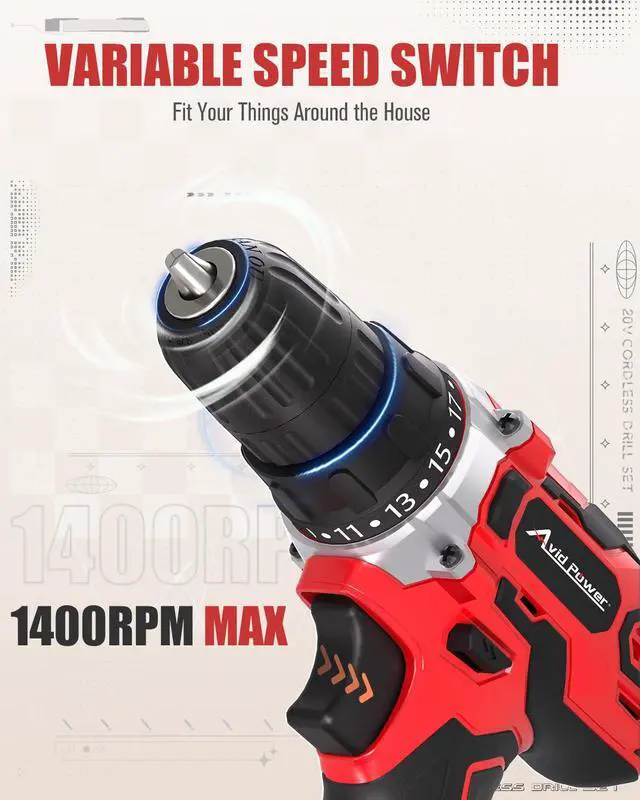 Alt view image 3 of 7 - 20V MAX Power Drill Kit, Cordless Drill Set with Battery and Charger, 2 Variable Speed, 3/8-Inch Keyless Chuck, 19 Position and 22pcs Bits