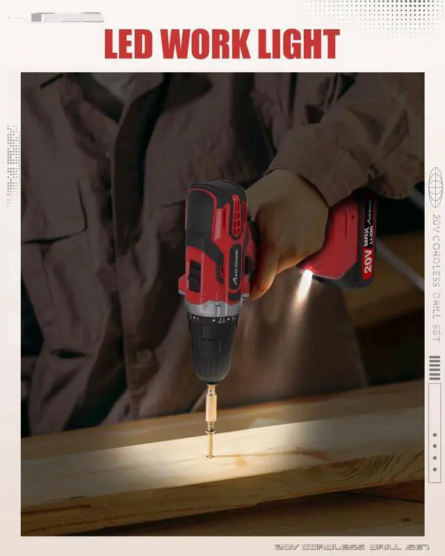 Alt view image 7 of 7 - 20V MAX Power Drill Kit, Cordless Drill Set with Battery and Charger, 2 Variable Speed, 3/8-Inch Keyless Chuck, 19 Position and 22pcs Bits