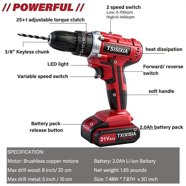 Alt view image 2 of 7 - 21V Cordless Power Drill Set, 35Nm Electric Screwdriver with 2 Batteries & Charger, 24pcs Drill Bits & Socket Wrench, 25+1 Torque Drills Kit for Home DIY & Women Men