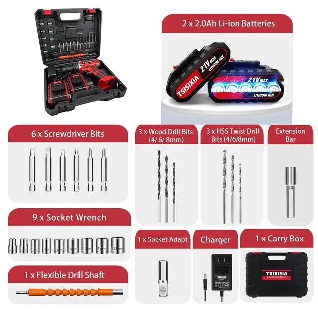 Alt view image 5 of 7 - 21V Cordless Power Drill Set, 35Nm Electric Screwdriver with 2 Batteries & Charger, 24pcs Drill Bits & Socket Wrench, 25+1 Torque Drills Kit for Home DIY & Women Men