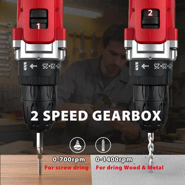 Alt view image 7 of 7 - 21V Cordless Power Drill Set, 35Nm Electric Screwdriver with 2 Batteries & Charger, 24pcs Drill Bits & Socket Wrench, 25+1 Torque Drills Kit for Home DIY & Women Men