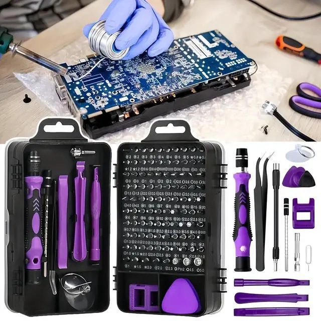 Main image of 115-in-1 Precision Screwdriver Sets, Professional Repair Tool Kit with Flat Head & Multiple Bits for Electronics, Phone, Watch, Automotive Maintenance - Magnetic, Non-Slip Handle & Tweezers(Purple)