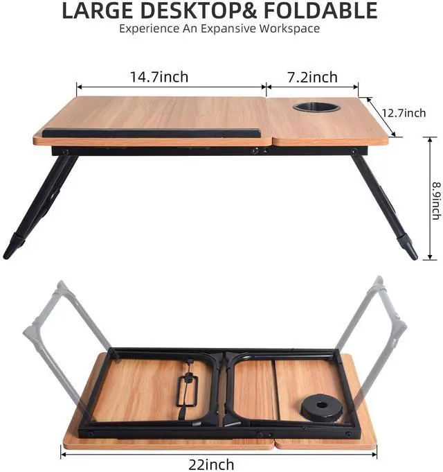 Alt view image 3 of 7 - XXL Adjustable Lap Desk - Sturdy Portable Foldable Laptop Desk for Bed & Sofa, Height Adjustable Laptop Bed Stand, Ergonomic Lap Table for Adults Work, Writing and Gaming (Wood)