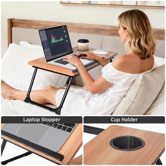 Alt view image 6 of 7 - XXL Adjustable Lap Desk - Sturdy Portable Foldable Laptop Desk for Bed & Sofa, Height Adjustable Laptop Bed Stand, Ergonomic Lap Table for Adults Work, Writing and Gaming (Wood)