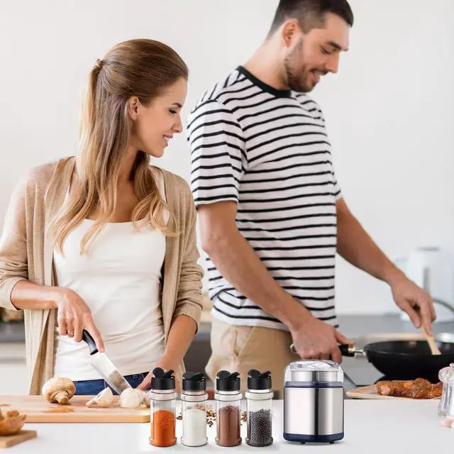 Alt view image 6 of 7 - 7 Pcs Electric Herb Grinder Kit, 200w Spice Grinder with 4 Pcs 3oz Spice Shakers, Cleaning Brush Label Sheet for Flower Buds Dry Spices Herbs Salts