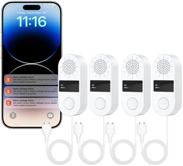 Main image of WiFi Water Leak Detector 4 Pack - Smart Water Leak Sensors with Tuya App Alerts, 130dB Loud Siren, 39" Extended Probe, Battery Powered, No Hub Required for Kitchen Bathroom Basement Laundry Room