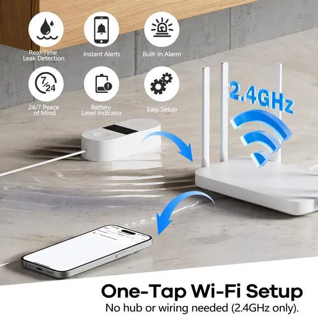 Alt view image 2 of 7 - WiFi Water Leak Detector 4 Pack - Smart Water Leak Sensors with Tuya App Alerts, 130dB Loud Siren, 39" Extended Probe, Battery Powered, No Hub Required for Kitchen Bathroom Basement Laundry Room