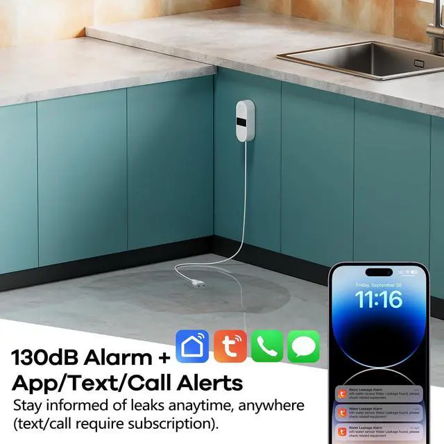 Alt view image 3 of 7 - WiFi Water Leak Detector 4 Pack - Smart Water Leak Sensors with Tuya App Alerts, 130dB Loud Siren, 39" Extended Probe, Battery Powered, No Hub Required for Kitchen Bathroom Basement Laundry Room