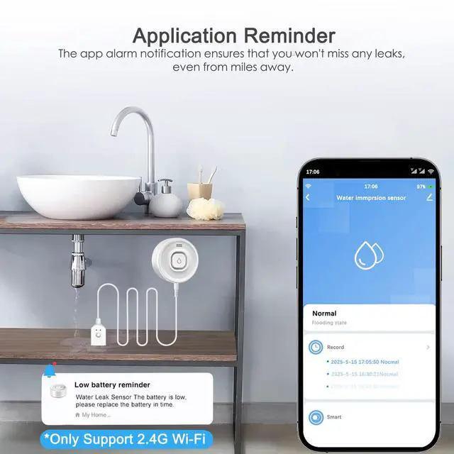 Alt view image 5 of 7 - Wi-Fi Water Leak Detector, 100dB Adjustable Audio Alarm Sensor, Sensitive Leak and Drip Alert Alert with Remotely Email/APP Push, Suit for Home and Basement