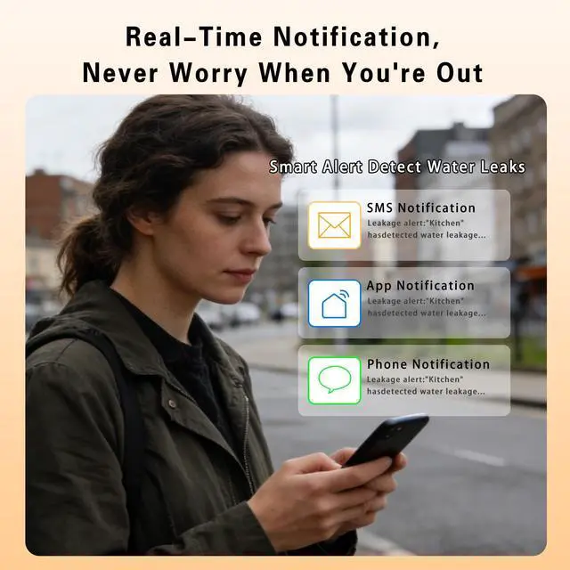 Alt view image 3 of 7 - Water Alarm Leak Detector, Water Leak Detector with Cable, 100dB Adjustable Sound Alarm & Real-Time App Alerts WiFi Water Sensor for Home, Kitchen, Bathroom, Warehouse