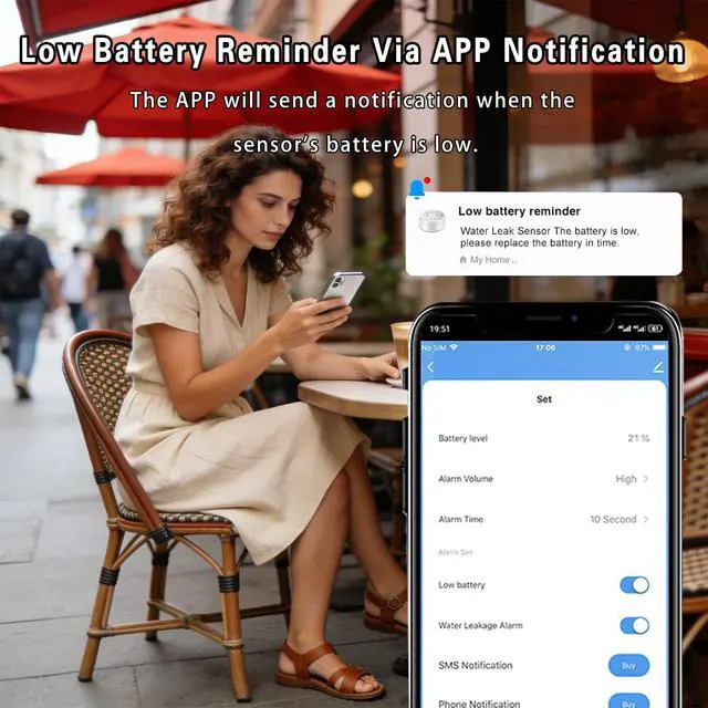 Alt view image 4 of 7 - Water Alarm Leak Detector, Water Leak Detector with Cable, 100dB Adjustable Sound Alarm & Real-Time App Alerts WiFi Water Sensor for Home, Kitchen, Bathroom, Warehouse