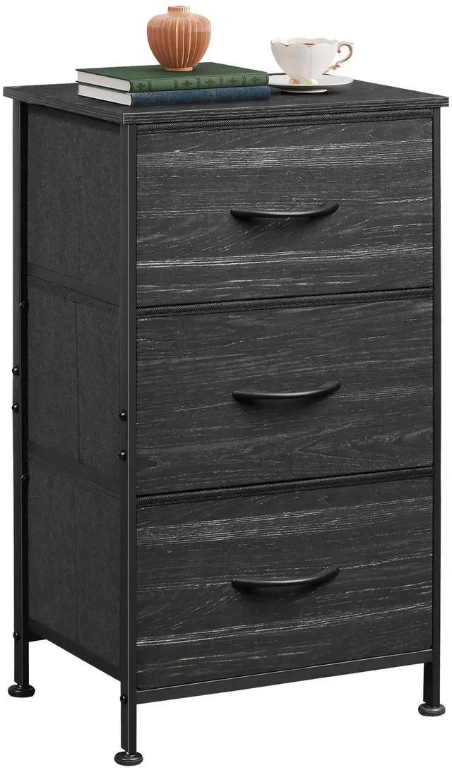 Main image of Nightstand with 3 Drawers, Fabric Dresser, Organizer Unit, Storage Dresser for Bedroom, Hallway, Entryway, Closets, Steel Frame, Wood Top, Easy Pull Handle, Charcoal Black Wood Grain Print