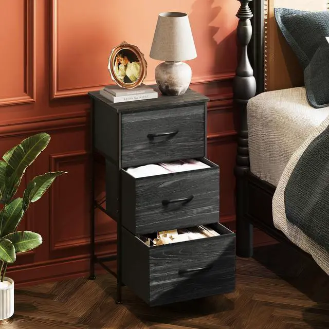Alt view image 2 of 7 - Nightstand with 3 Drawers, Fabric Dresser, Organizer Unit, Storage Dresser for Bedroom, Hallway, Entryway, Closets, Steel Frame, Wood Top, Easy Pull Handle, Charcoal Black Wood Grain Print