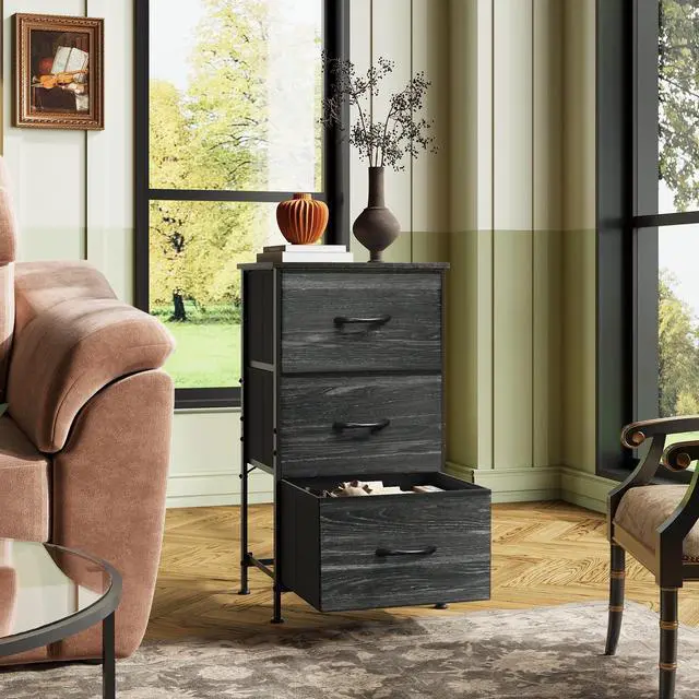 Alt view image 3 of 7 - Nightstand with 3 Drawers, Fabric Dresser, Organizer Unit, Storage Dresser for Bedroom, Hallway, Entryway, Closets, Steel Frame, Wood Top, Easy Pull Handle, Charcoal Black Wood Grain Print