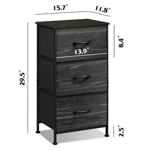 Alt view image 4 of 7 - Nightstand with 3 Drawers, Fabric Dresser, Organizer Unit, Storage Dresser for Bedroom, Hallway, Entryway, Closets, Steel Frame, Wood Top, Easy Pull Handle, Charcoal Black Wood Grain Print