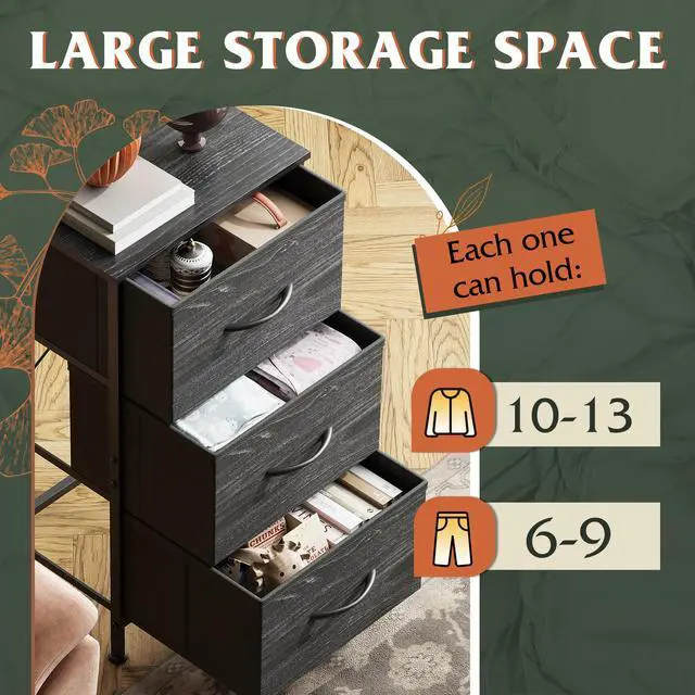 Alt view image 5 of 7 - Nightstand with 3 Drawers, Fabric Dresser, Organizer Unit, Storage Dresser for Bedroom, Hallway, Entryway, Closets, Steel Frame, Wood Top, Easy Pull Handle, Charcoal Black Wood Grain Print