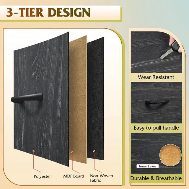 Alt view image 6 of 7 - Nightstand with 3 Drawers, Fabric Dresser, Organizer Unit, Storage Dresser for Bedroom, Hallway, Entryway, Closets, Steel Frame, Wood Top, Easy Pull Handle, Charcoal Black Wood Grain Print