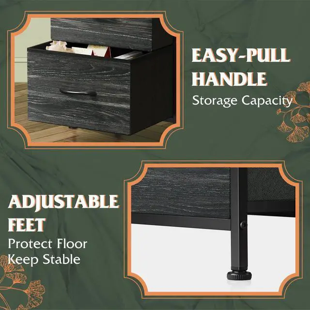 Alt view image 7 of 7 - Nightstand with 3 Drawers, Fabric Dresser, Organizer Unit, Storage Dresser for Bedroom, Hallway, Entryway, Closets, Steel Frame, Wood Top, Easy Pull Handle, Charcoal Black Wood Grain Print