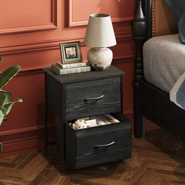 Alt view image 2 of 7 - Night Stand, Small Dresser with Drawers, Dresser for Bedroom with 2 Fabric Drawer, Black Bedside Table End Table, Dorm Nightstand, Closet Organizer, Charcoal Black Wood Grain Print