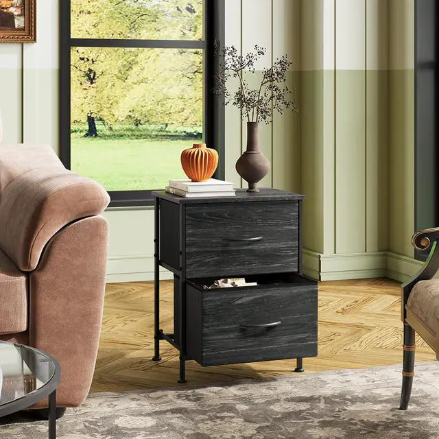 Alt view image 7 of 7 - Night Stand, Small Dresser with Drawers, Dresser for Bedroom with 2 Fabric Drawer, Black Bedside Table End Table, Dorm Nightstand, Closet Organizer, Charcoal Black Wood Grain Print