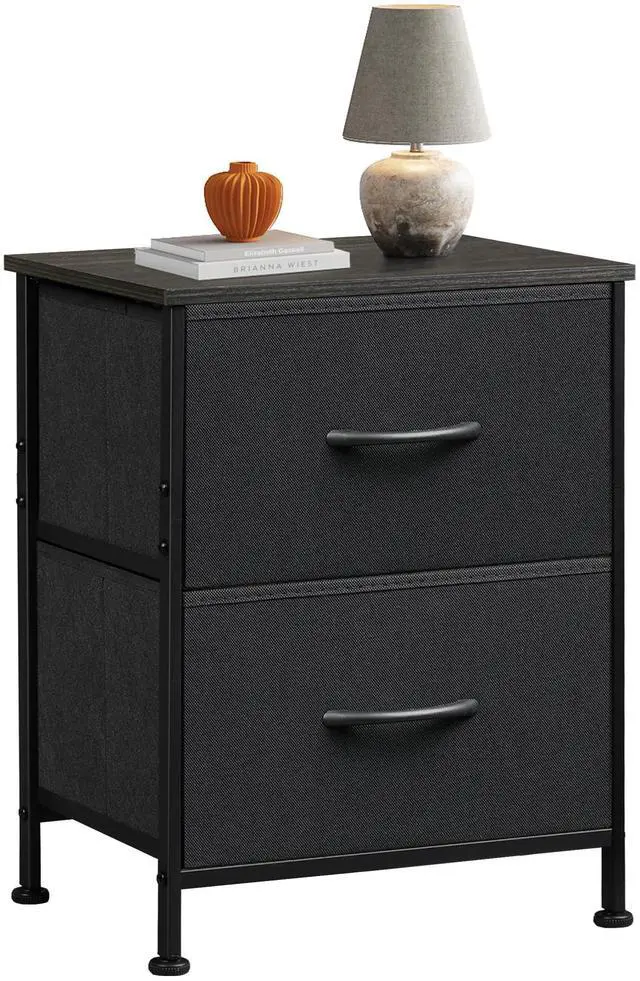 Main image of Black Night Stand, Small Dresser with 2 Drawers & Wooden Top, Nightstand with Fabric Bins, Bedside Table End Table for Bedroom, Closet, Entryway, College Dorm, Charcoal Black