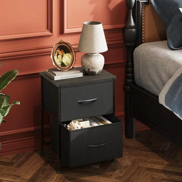 Alt view image 2 of 7 - Black Night Stand, Small Dresser with 2 Drawers & Wooden Top, Nightstand with Fabric Bins, Bedside Table End Table for Bedroom, Closet, Entryway, College Dorm, Charcoal Black