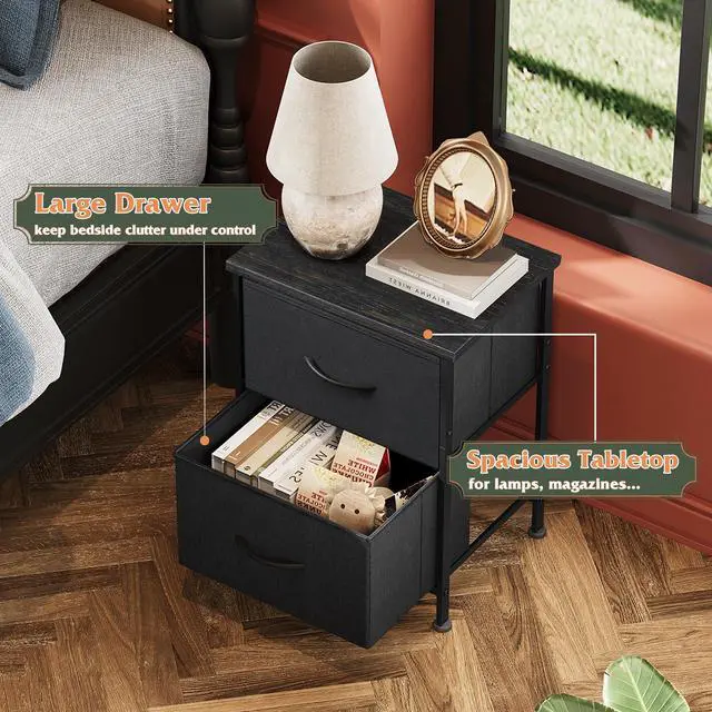 Alt view image 3 of 7 - Black Night Stand, Small Dresser with 2 Drawers & Wooden Top, Nightstand with Fabric Bins, Bedside Table End Table for Bedroom, Closet, Entryway, College Dorm, Charcoal Black