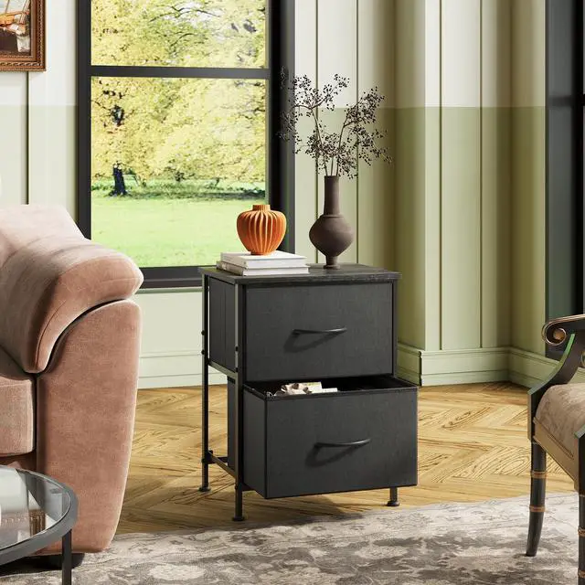 Alt view image 7 of 7 - Black Night Stand, Small Dresser with 2 Drawers & Wooden Top, Nightstand with Fabric Bins, Bedside Table End Table for Bedroom, Closet, Entryway, College Dorm, Charcoal Black