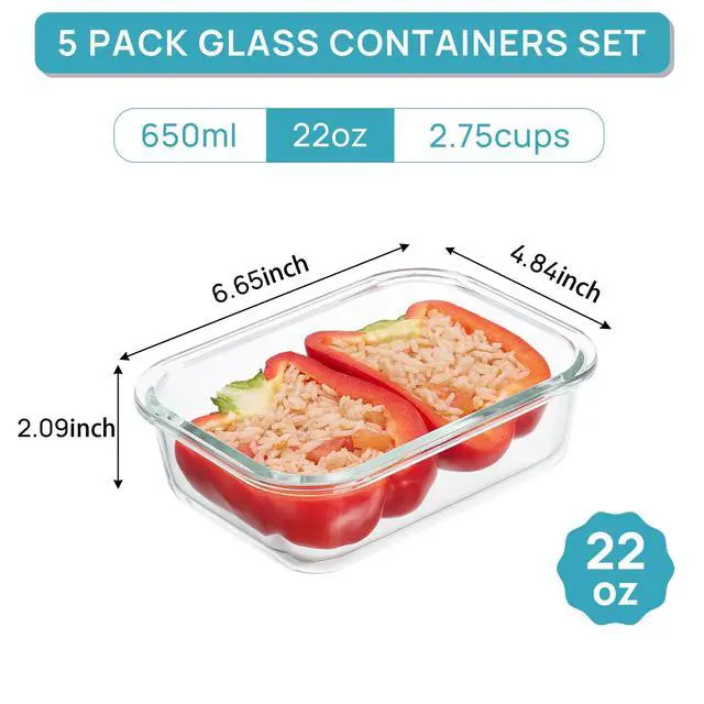 Alt view image 2 of 7 - 5Pack 22oz Glass Storage Containers with Lids, Glass Meal Prep Food Container Sets with Snap Airtight Lids for Microwave, Oven, Freezer and Dishwasher, Grey