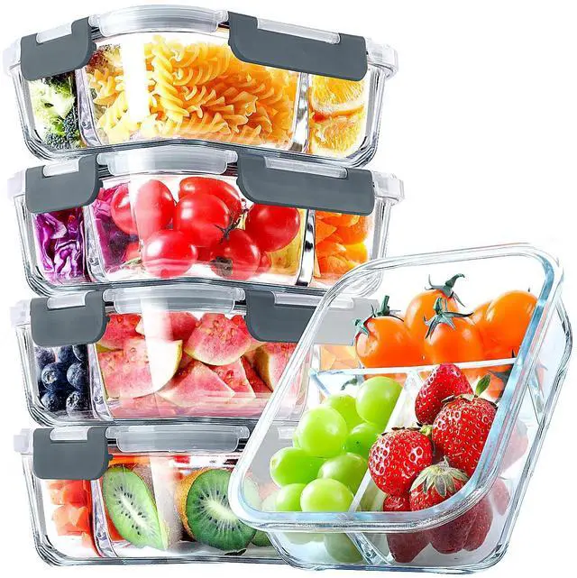Main image of 5 Pack Glass Meal Prep Containers 3 Compartment Set, 36OZ Airtight Glass Lunch Containers, Glass Food Storage Containers with Lids, for Microwave, Oven, Freezer & Dishwasher Friendly,Grey