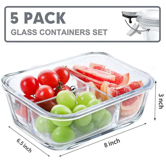 Alt view image 2 of 7 - 5 Pack Glass Meal Prep Containers 3 Compartment Set, 36OZ Airtight Glass Lunch Containers, Glass Food Storage Containers with Lids, for Microwave, Oven, Freezer & Dishwasher Friendly,Grey