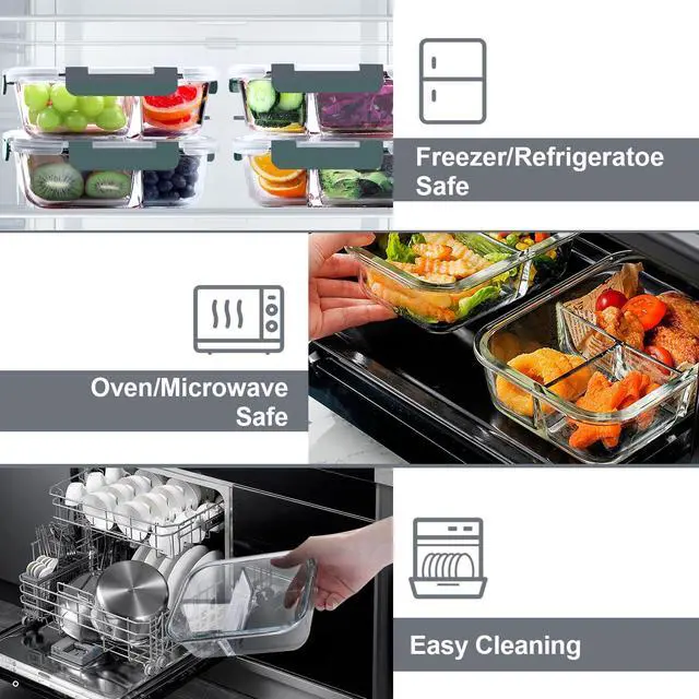 Alt view image 3 of 7 - 5 Pack Glass Meal Prep Containers 3 Compartment Set, 36OZ Airtight Glass Lunch Containers, Glass Food Storage Containers with Lids, for Microwave, Oven, Freezer & Dishwasher Friendly,Grey