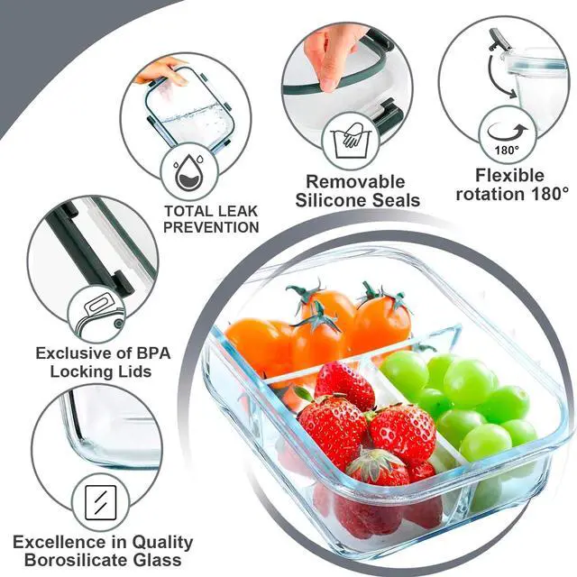 Alt view image 5 of 7 - 5 Pack Glass Meal Prep Containers 3 Compartment Set, 36OZ Airtight Glass Lunch Containers, Glass Food Storage Containers with Lids, for Microwave, Oven, Freezer & Dishwasher Friendly,Grey