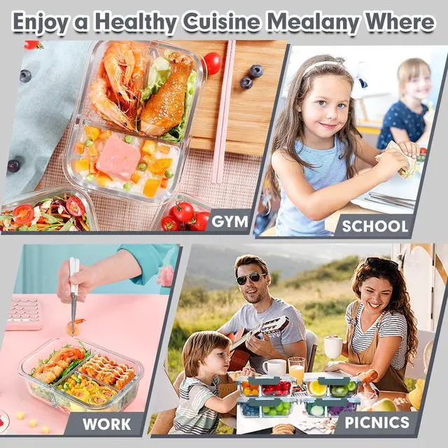 Alt view image 6 of 7 - 5 Pack Glass Meal Prep Containers 3 Compartment Set, 36OZ Airtight Glass Lunch Containers, Glass Food Storage Containers with Lids, for Microwave, Oven, Freezer & Dishwasher Friendly,Grey