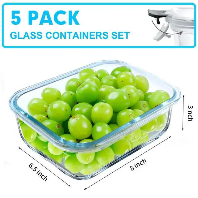 Alt view image 2 of 7 - 5 Pack 36 OZ Glass Meal Prep Containers, Airtight Glass Lunch Containers Set, Glass Food Storage Containers with Lids,Exclusive of BPA, for Microwave, Oven, Freezer & Dishwasher Friendly,Grey