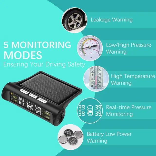 Alt view image 3 of 6 - Tire Pressure Monitoring System - TPMS Tire Pressure Monitor System with Solar Charger, TPMS with 4 External sensors & 5 Alarm Modes, LCD Real-time Display, Auto Sleep Mode, Easy to Install