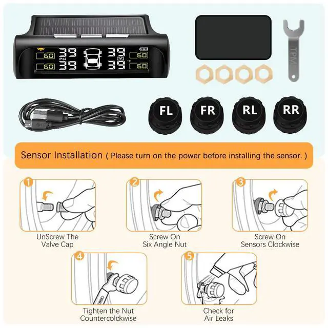 Alt view image 6 of 6 - Tire Pressure Monitoring System - TPMS Tire Pressure Monitor System with Solar Charger, TPMS with 4 External sensors & 5 Alarm Modes, LCD Real-time Display, Auto Sleep Mode, Easy to Install