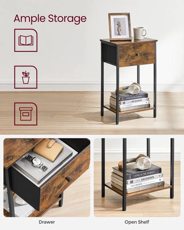 Alt view image 3 of 7 - Nightstand, Side Table with Fabric Drawer, 24-Inch Tall End Table with Storage Shelf, Bedroom, Rustic Brown and Black ULGS021B01