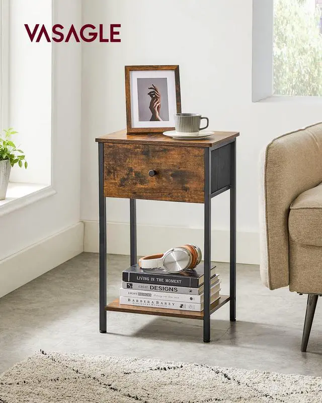 Alt view image 2 of 7 - Nightstand, Side Table with Fabric Drawer, 24-Inch Tall End Table with Storage Shelf, Bedroom, Rustic Brown and Black ULGS021B01