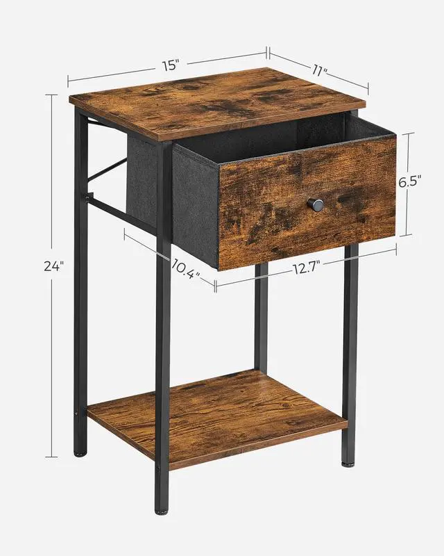 Alt view image 5 of 7 - Nightstand, Side Table with Fabric Drawer, 24-Inch Tall End Table with Storage Shelf, Bedroom, Rustic Brown and Black ULGS021B01