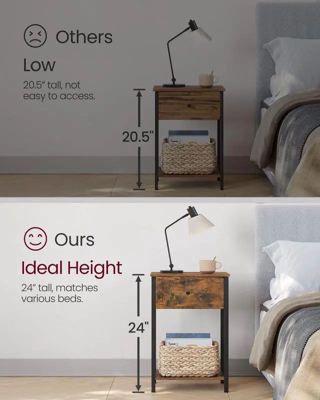 Alt view image 7 of 7 - Nightstand, Side Table with Fabric Drawer, 24-Inch Tall End Table with Storage Shelf, Bedroom, Rustic Brown and Black ULGS021B01