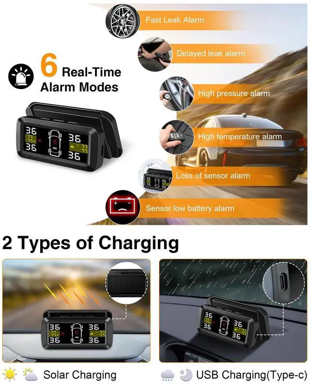 Alt view image 7 of 7 - Tire Pressure Monitoring System Upgrade Detached Bracket Wireless Solar TPMS Tire Pressure Monitor Installed on Windowshield with 4 External Sensors Real-Time Display 5-87PSI for Car RV SUV MPV